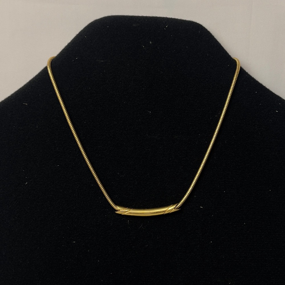 Monet Gold Tone Snake Chain Necklace Curved Bar Pendant Minimalist 15.5" Vintage